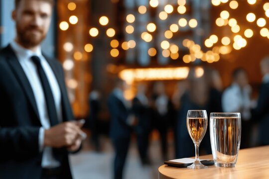 Stylish business conference reception featuring professionals networking in a modern venue with elegant decor