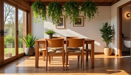 Obraz premium Plants hanging above wooden table, cozy home, golden hour atmosphere