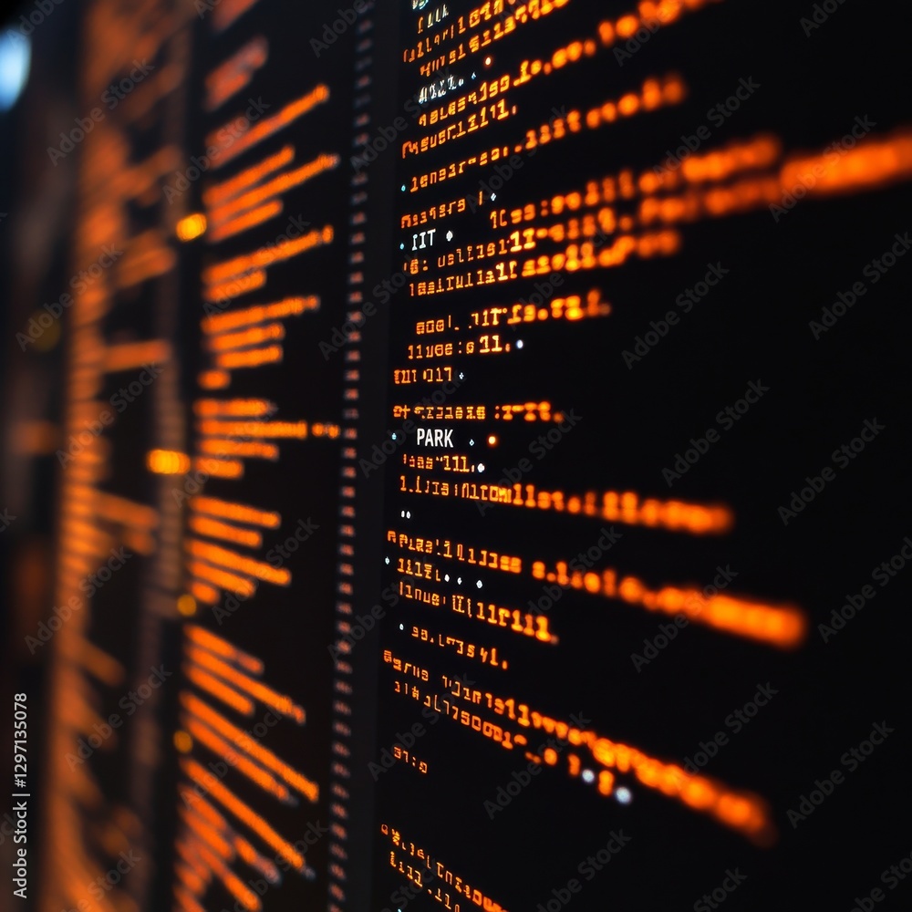 Aufkleber Orange Data Flow: Code Display Illuminating the Digital Realm with Information and Text on Screen