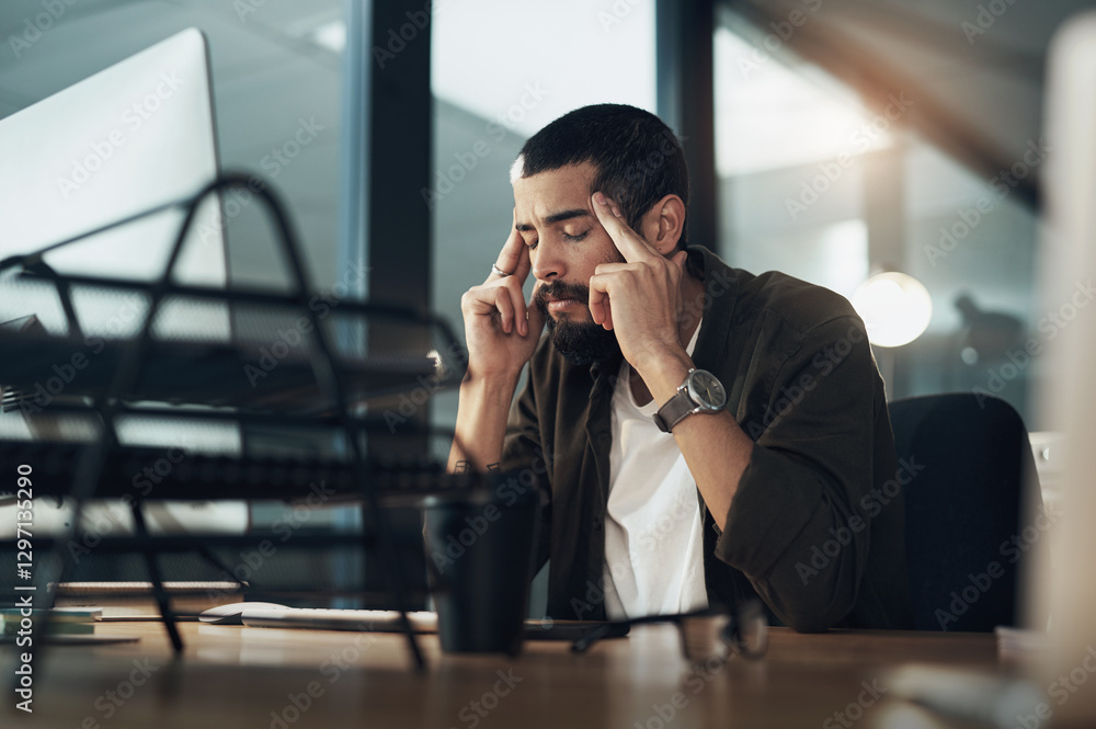 Aufkleber Computer, design and stress with man in office at night for website coding or programming deadline. Business, desktop and headache with annoyed programmer employee in creative workplace for overtime