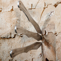 three metal knives in wooden block stand as target, throwing knives, sports competition, selective...