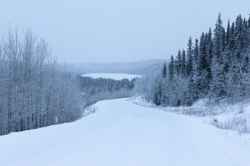 Road covered in snow near Bolio Lake in Alaska