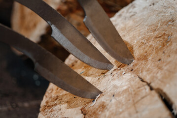 three metal knives in wooden stump as target, throwing knives, sports competition, selective focus