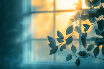 Sunlight filters through a window highlighting lush green leaves in a tranquil indoor setting during sunset