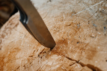 three metal knives in wooden stump as target, throwing knives, sports competition, selective focus