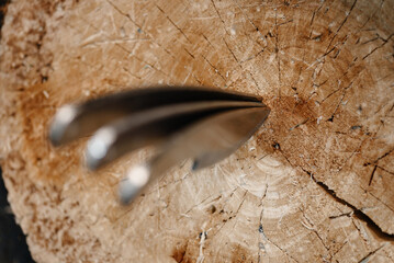 three metal knives in wooden stump as target, throwing knives, sports competition, selective focus
