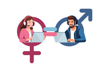 Men and women character on the scales for gender equality. Gender equality concept. Vector illustration. Flat.