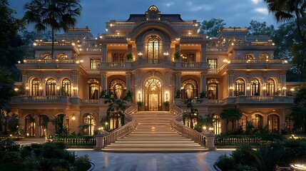 Majestic villa exterior illuminated staircase night image