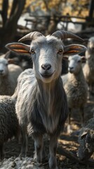 A close-up of a charming gray goat with curved horns, surrounded by fluffy sheep in a serene farm setting.