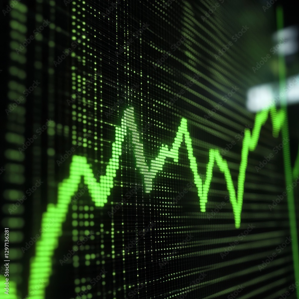 Poster stock market analysis display: a digital screen showing a dynamic green line graph representing fina