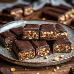 Chocolate Peanut Bars. Chocolate-coated peanut bars with chopped peanuts on a plate