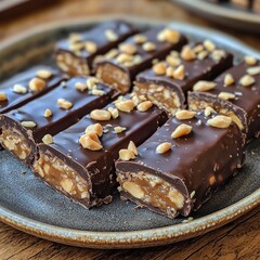 Chocolate Peanut Bars. Chocolate-coated peanut bars with chopped peanuts on a plate