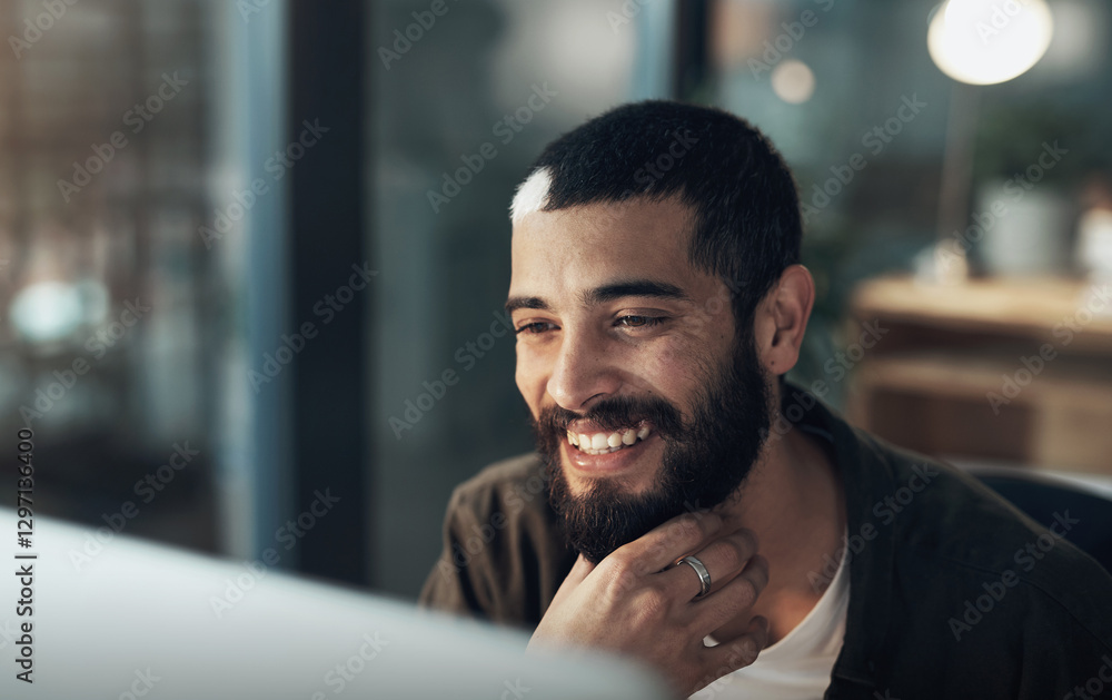 Aufkleber Computer, smile and thinking with programmer man in office for design or website coding deadline. Business, desktop and development with happy programming employee in creative workplace for overtime
