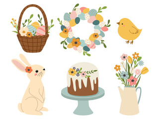 Naklejka premium Cute Easter set with bunny, bird, painted eggs and basket. Adorable Easter bunny with traditional holiday decor. 