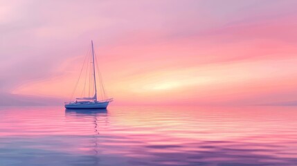 Fototapeta premium A Single Sailboat Drifts Silently Across Peaceful Waters At Sunset
