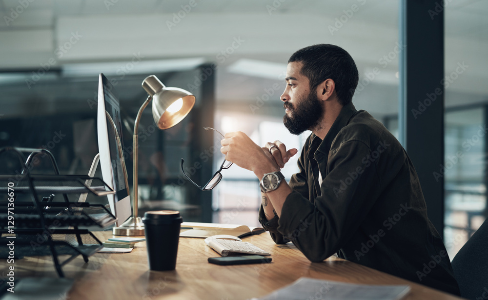 Aufkleber Computer, night and web design with man in office for online coding or programming deadline. Business, desktop and development with programmer employee thinking in creative workplace for overtime