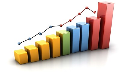 3D Bar Graph with Rising Colored Bars and Line Chart Showing Growth