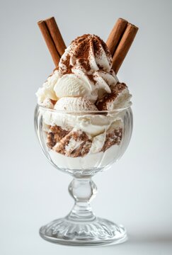 Delicious Chocolate Cinnamon Ice Cream Sundae in Elegant Glass with Creamy Scoops and Tasty Garnish Decorated with Cinnamon Sticks