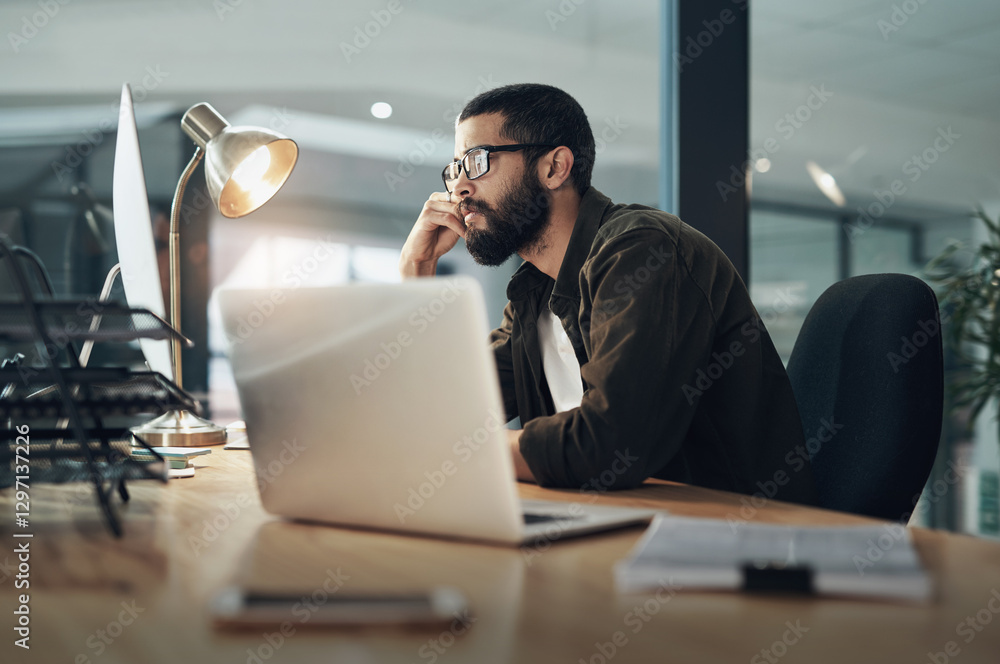 Poster Computer, reading and glasses with business man in office for web designer, ux tools or planning. Coding homepage, night and developer with person in tech agency for cms platform, research and laptop