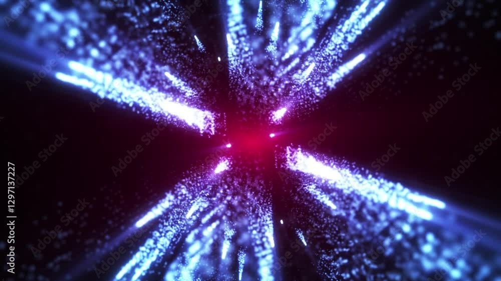 Poster flying sparkling and shiny particles, falling blue glowing, abstract rain of dots. particle explosio
