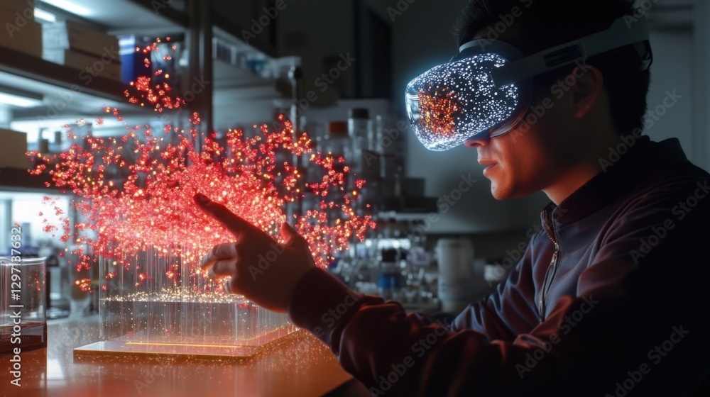 Poster scientist wearing vr headset interacting with futuristic interface. exploring 3d data visualization 