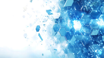 Modern 3D hexagonal technology abstract background features blue bright energy flashes under hexagons in a futuristic technology design against a white background