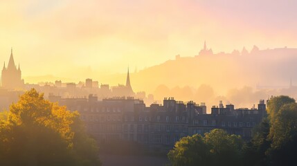 Fototapeta premium City buildings under an early morning hazy golden sky