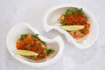 appetizer with red salmon caviar, appetizer idea for a festive table