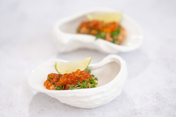 appetizer with red salmon caviar, appetizer idea for a festive table