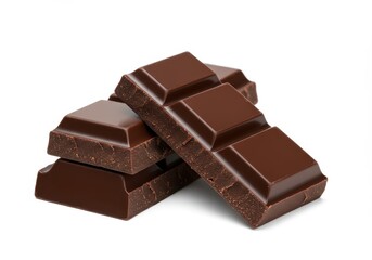Fototapeta premium Three pieces of dark chocolate bar stacked slightly showing smooth texture and rich color isolated on white background