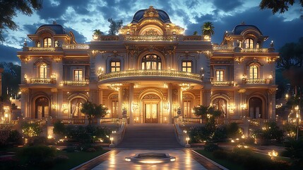 Grand estate exterior staircase moonlit night image