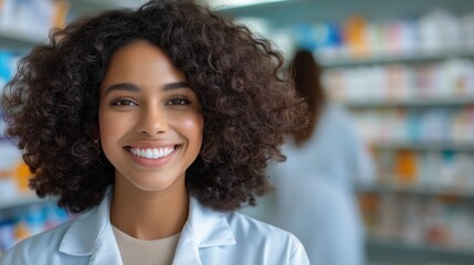 Fototapeta premium Smiling female pharmacist helps customer with prescription order at pharmacy counter in bright setting