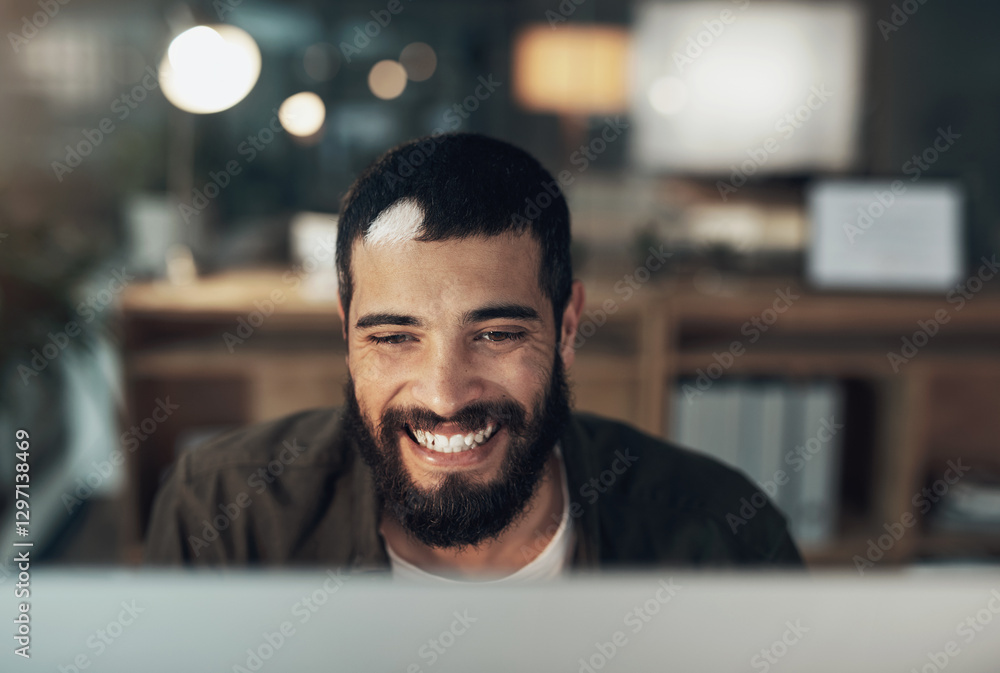 Aufkleber Computer, night and smile with designer man in office for website coding or programming deadline. Business, desktop and development with happy programmer employee in creative workplace for overtime