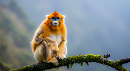 golden snub-nosed monkey on moss-covered branch in natural habitat