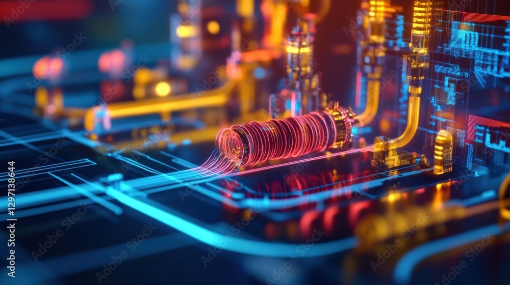 Poster complex machinery with glowing components processes digital information, symbolizing advanced automa