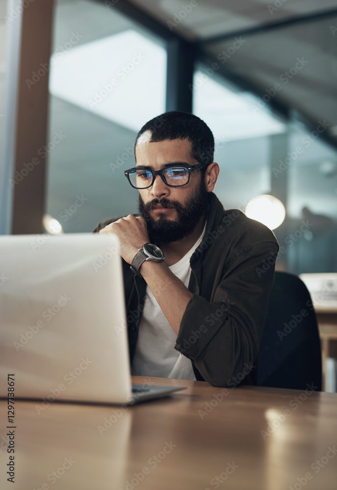 Fototapete Laptop, thinking and research with business man in office for web designer, ux tools or planning. Coding homepage, night and developer with person in tech agency for cms platform, glasses and reading