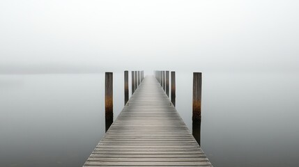 Fototapeta premium Misty Lake Pier at Dawn Disappearing into Soft White Fog