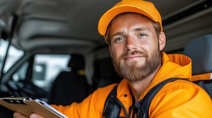 Delivery driver holding clipboard in professional logistics van ready for efficient service