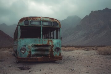 Rusting vintage bus abandoned in a desolate desert landscape, mountains in the background.