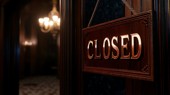 A wooden sign with the word "CLOSED" hangs on a door. The sign is in focus, with a dark hallway and chandelier visible in the background, creating a sense of closure.