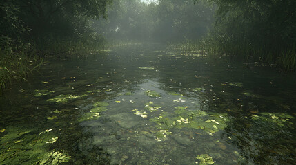 Misty forest stream, calm water, green plants, nature background, scenic view