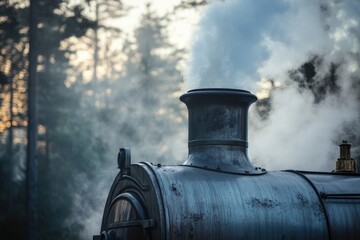 Steam locomotive's smokestack billows white smoke against a blurred forest backdrop at sunrise.