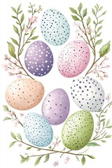 Pastel colored Easter eggs arranged in a circular wreath with fresh greenery and delicate blossoms creating an elegant springtime display