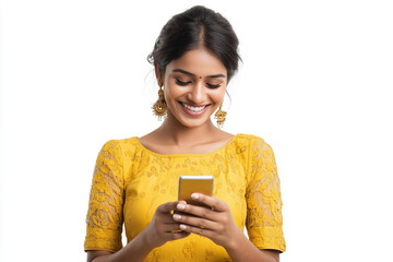 Smiling Young Indian Woman in Yellow Outfit Texting on Smartphone isolated on white background