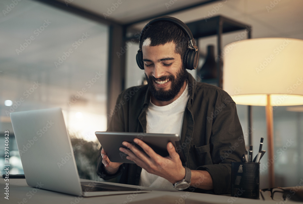 Poster creative, man and smile with tablet, laptop and video editor with ideas and headphones for project. 