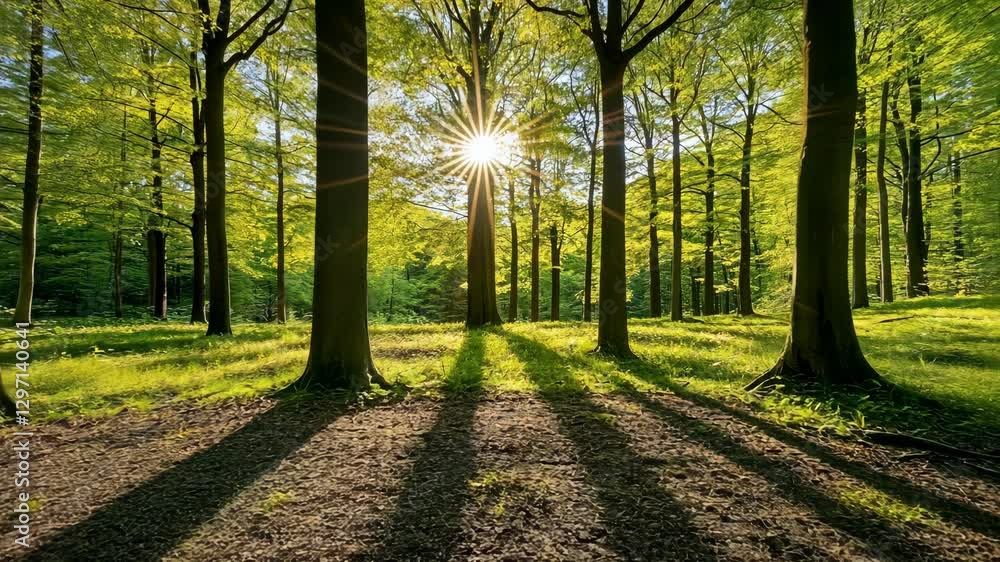 Poster sunlight filters through tall trees creating a serene forest atmosphere in the early morning