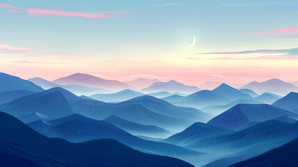 Serene Twilight Mountainscape with Crescent Moon