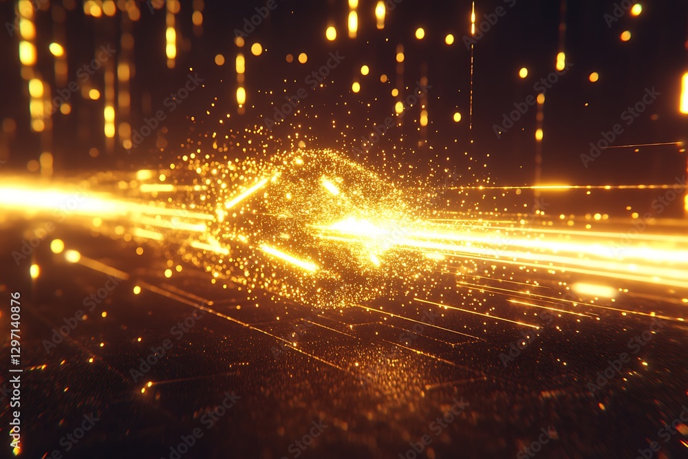 Poster golden particle explosion with futuristic digital texture background