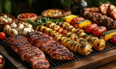 Delicious Grilled Steak Kebabs Potato Vegetables Summer BBQ Food Photography meat meal tasty party image dinner recipe  