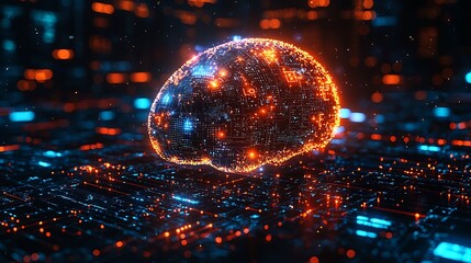 Illuminated Digital Brain Hovers Above Circuitry